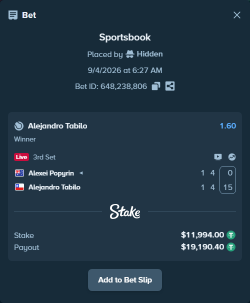 Bet slip: Alexei Popyrin - Alejandro Tabilo, $11,994.00 stake at 1.60 odds, placed by Hidden
