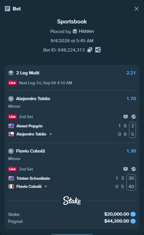Bet slip: Alexei Popyrin - Alejandro Tabilo, $20,000.00 stake at 1.70 odds, placed by Hidden
