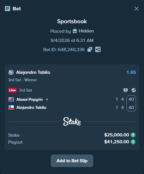 Bet slip: Alexei Popyrin - Alejandro Tabilo, $25,000.00 stake at 1.65 odds, placed by Hidden