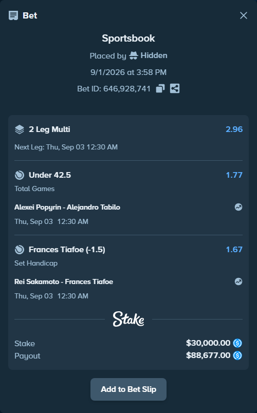 Bet slip: Alexei Popyrin - Alejandro Tabilo, $30,000.00 stake at 1.77 odds, placed by Hidden