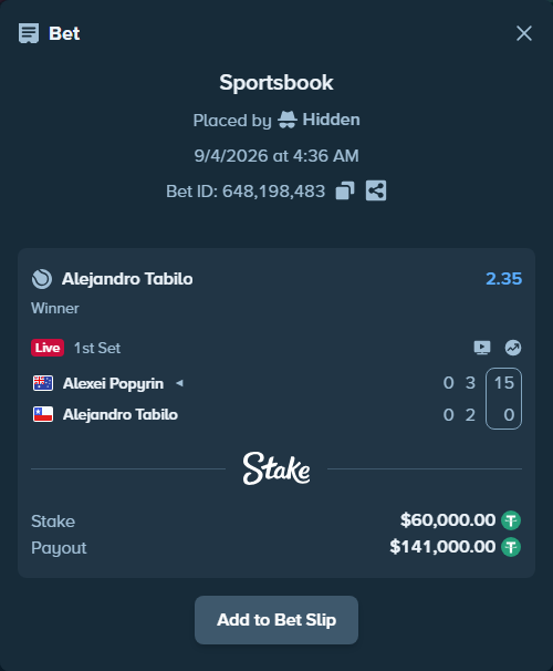Bet slip: Alexei Popyrin - Alejandro Tabilo, $60,000.00 stake at 2.35 odds, placed by Hidden