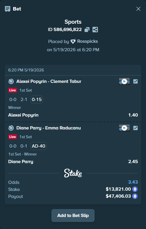 Bet slip: Alexei Popyrin - Clement Tabur, $11,214.35 stake at 1.40 odds, placed by Rosspicks