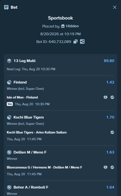Bet slip: Alexei Popyrin - Hugo Gaston, $15,000.00 stake at 1.41 odds, placed by Hidden