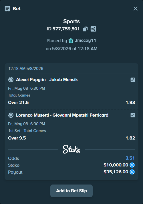 Bet slip: Alexei Popyrin - Jakub Mensik, $10,000.00 stake at 1.93 odds, placed by Jmccoy11