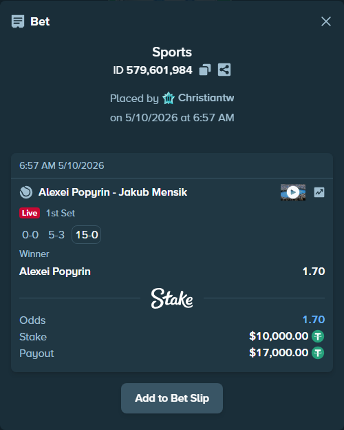 Bet slip: Alexei Popyrin - Jakub Mensik, $10,000.00 stake at 1.70 odds, placed by Christiantw