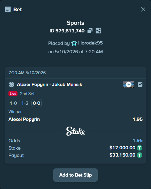 Bet slip: Alexei Popyrin - Jakub Mensik, $17,000.00 stake at 1.95 odds, placed by Horodek95