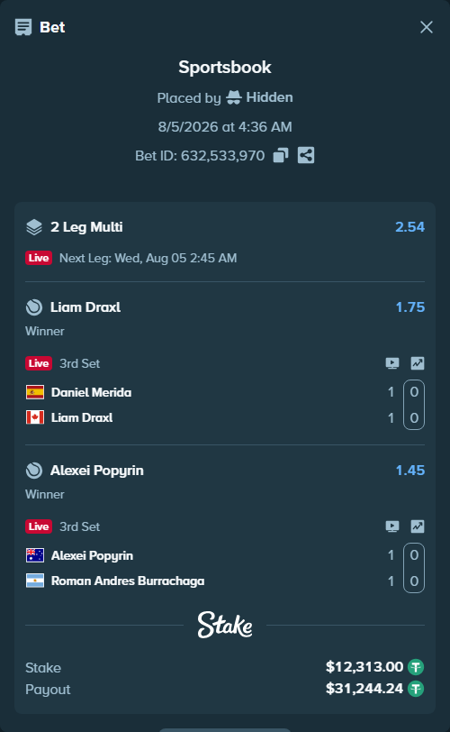 Bet slip: Alexei Popyrin - Roman Andres Burrachaga, $12,325.31 stake at 1.45 odds, placed by Hidden