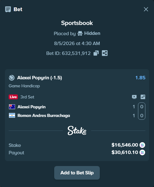 Bet slip: Alexei Popyrin - Roman Andres Burrachaga, $16,220.35 stake at 1.85 odds, placed by Hidden
