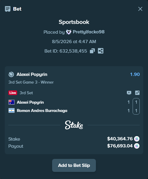 Bet slip: Alexei Popyrin - Roman Andres Burrachaga, $39,599.65 stake at 1.90 odds, placed by Prettylfacko98