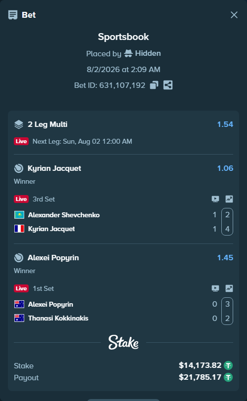 Bet slip: Alexei Popyrin - Thanasi Kokkinakis, $14,188.00 stake at 1.45 odds, placed by Hidden