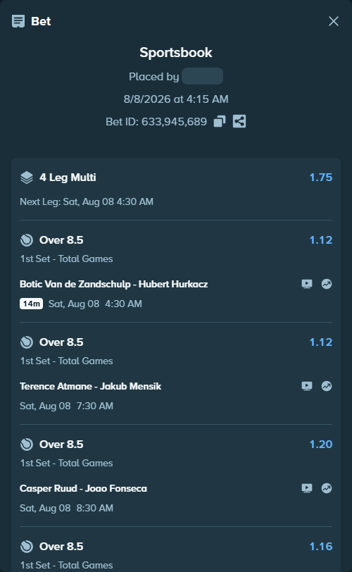 Bet slip: Alexei Popyrin - Thiago Agustin Tirante, $12,500.00 stake at 1.16 odds, placed by nPain