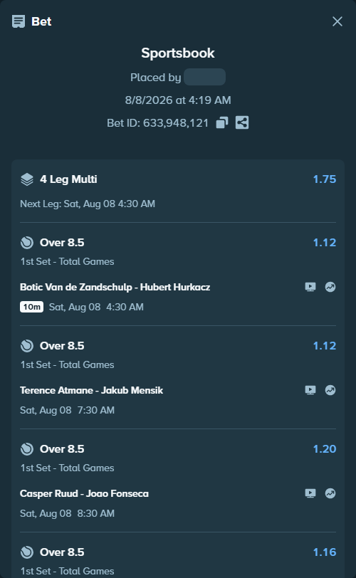 Bet slip: Alexei Popyrin - Thiago Agustin Tirante, $15,000.00 stake at 1.16 odds, placed by Femi2631