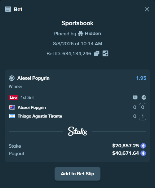 Bet slip: Alexei Popyrin - Thiago Agustin Tirante, $20,856.06 stake at 1.95 odds, placed by Hidden