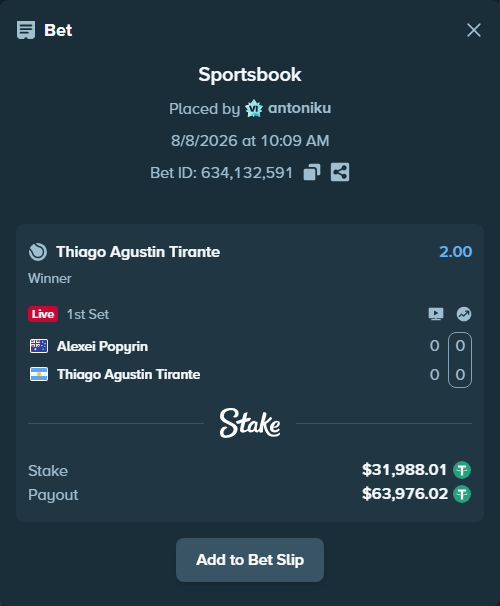 Bet slip: Alexei Popyrin - Thiago Agustin Tirante, $32,020.00 stake at 2.00 odds, placed by antoniku
