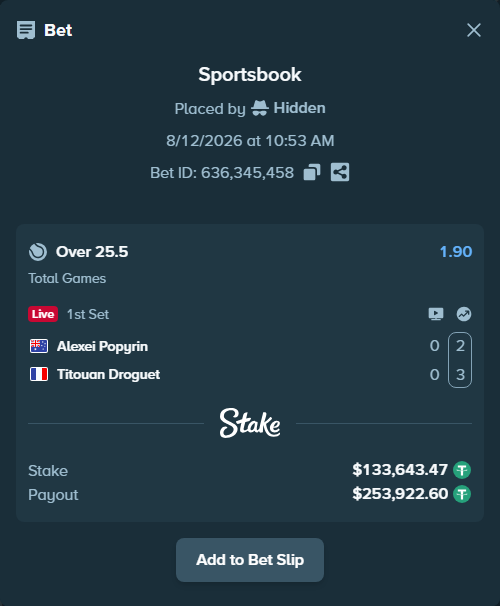 Bet slip: Alexei Popyrin - Titouan Droguet, $133,777.12 stake at 1.90 odds, placed by Hidden
