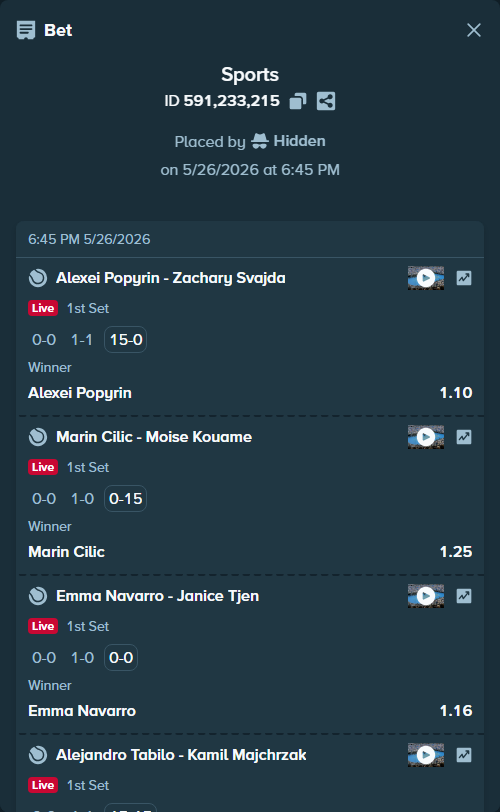 Bet slip: Alexei Popyrin - Zachary Svajda, $87,064.26 stake at 1.10 odds, placed by Hidden