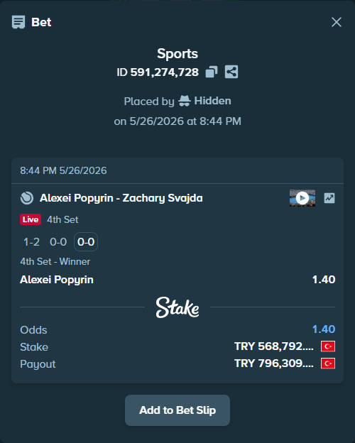 Bet slip: Alexei Popyrin - Zachary Svajda, $17,063.77 stake at 1.40 odds, placed by Hidden