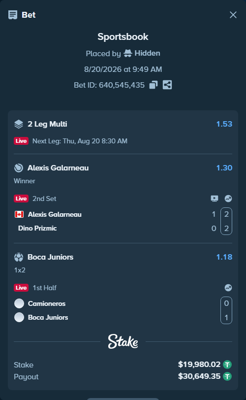 Bet slip: Alexis Galarneau - Dino Prizmic, $20,000.00 stake at 1.30 odds, placed by Hidden