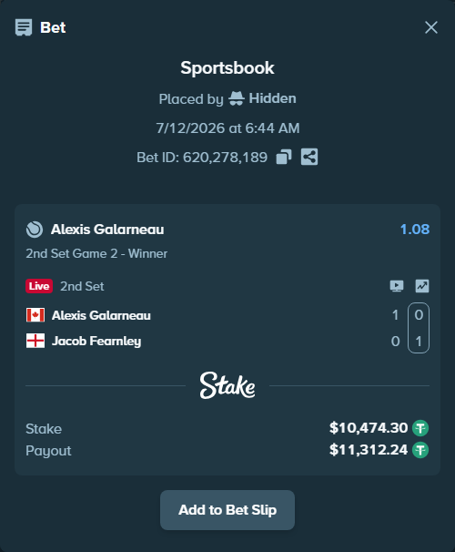 Bet slip: Alexis Galarneau - Jacob Fearnley, $10,484.77 stake at 1.08 odds, placed by Hidden