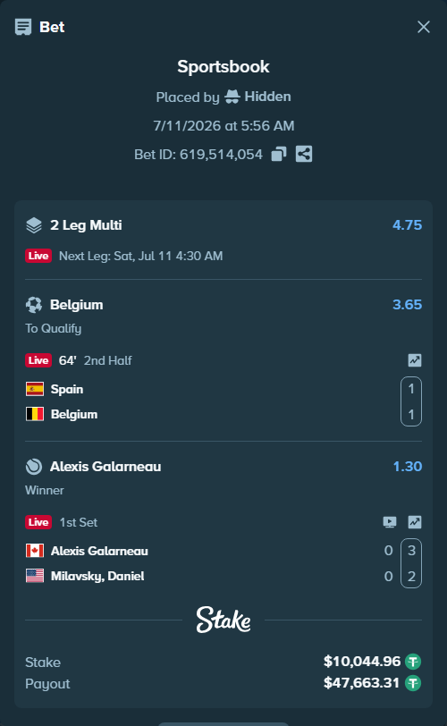 Bet slip: Alexis Galarneau - Milavsky, Daniel, $10,055.00 stake at 1.30 odds, placed by Hidden