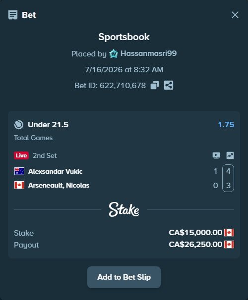 Bet slip: Alexsandar Vukic - Arseneault, Nicolas, $11,100.00 stake at 1.75 odds, placed by Hassanmasri99