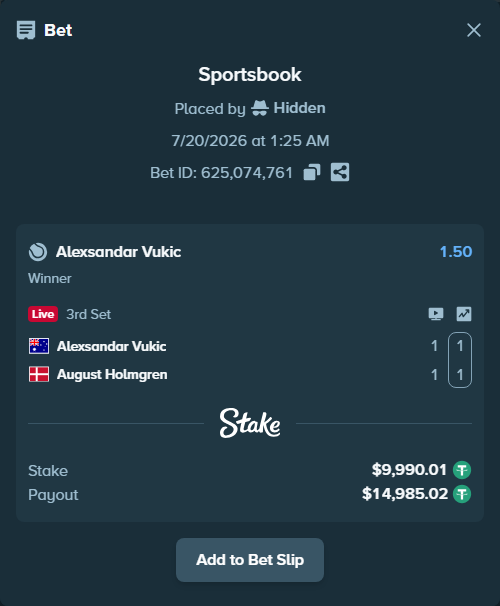 Bet slip: Alexsandar Vukic - August Holmgren, $10,000.00 stake at 1.50 odds, placed by Hidden