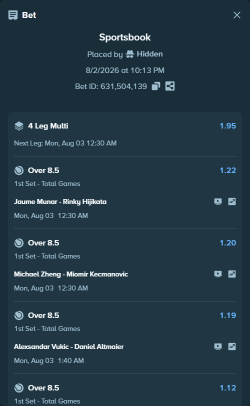 Bet slip: Alexsandar Vukic - Daniel Altmaier, $75,075.00 stake at 1.19 odds, placed by Hidden