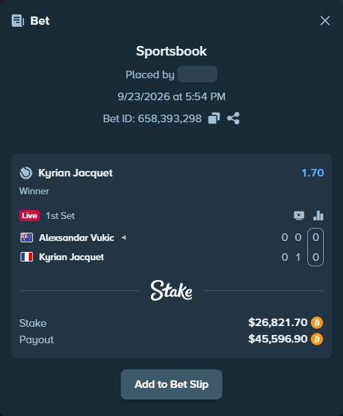 Bet slip: Alexsandar Vukic - Kyrian Jacquet, $26,225.49 stake at 1.70 odds, placed by Atte90