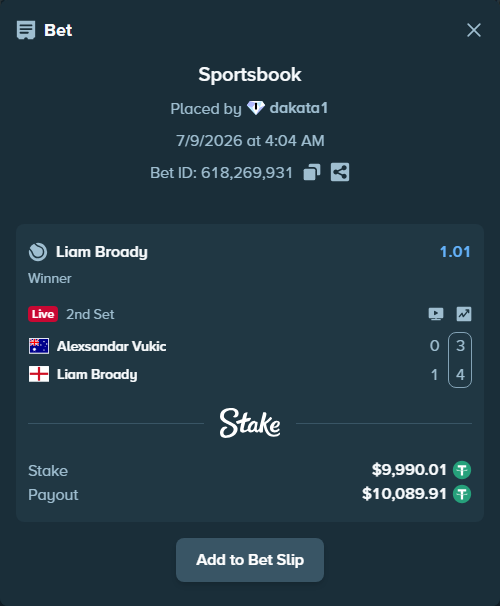 Bet slip: Alexsandar Vukic - Liam Broady, $10,000.00 stake at 1.01 odds, placed by dakata1