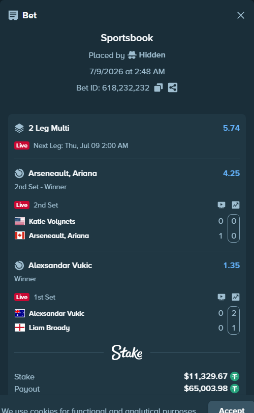 Bet slip: Alexsandar Vukic - Liam Broady, $11,341.00 stake at 1.35 odds, placed by Hidden