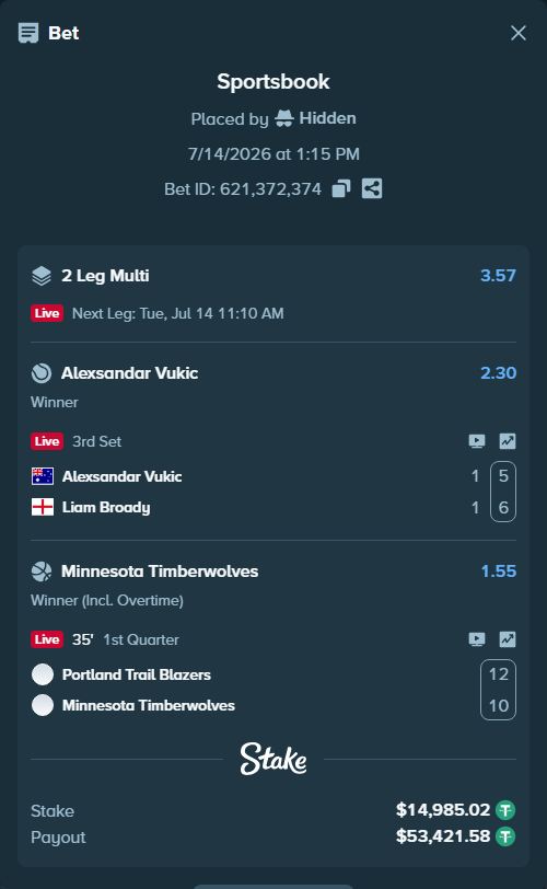 Bet slip: Alexsandar Vukic - Liam Broady, $15,000.00 stake at 2.30 odds, placed by Hidden