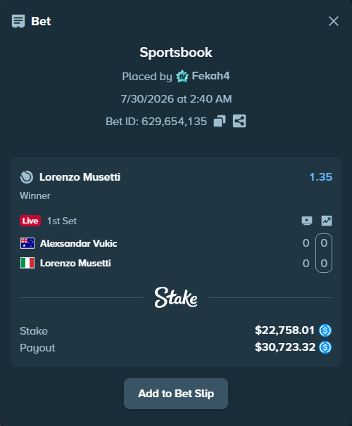 Bet slip: Alexsandar Vukic - Lorenzo Musetti, $22,758.01 stake at 1.35 odds, placed by Fekah4
