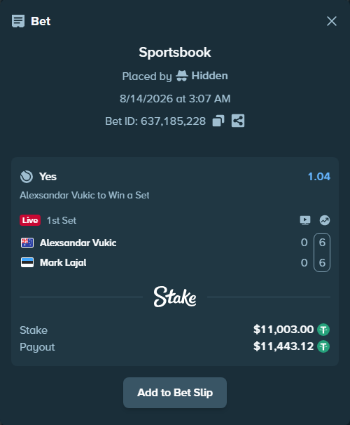 Bet slip: Alexsandar Vukic - Mark Lajal, $11,014.00 stake at 1.04 odds, placed by RyazheniyPetuh