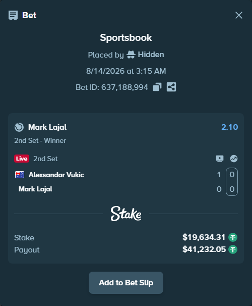 Bet slip: Alexsandar Vukic - Mark Lajal, $19,653.95 stake at 2.10 odds, placed by Hidden