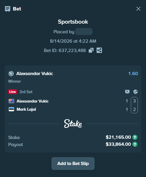 Bet slip: Alexsandar Vukic - Mark Lajal, $21,186.16 stake at 1.60 odds, placed by Othmane2kiks