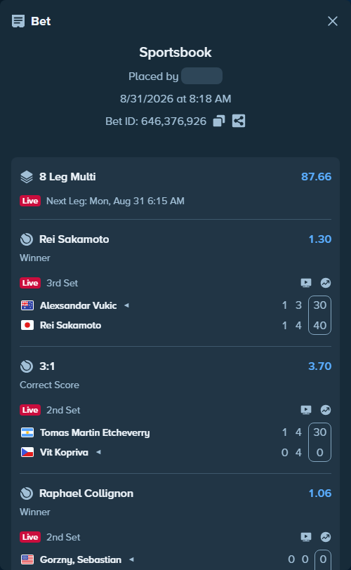 Bet slip: Alexsandar Vukic - Rei Sakamoto, $11,000.00 stake at 1.30 odds, placed by JanSilas