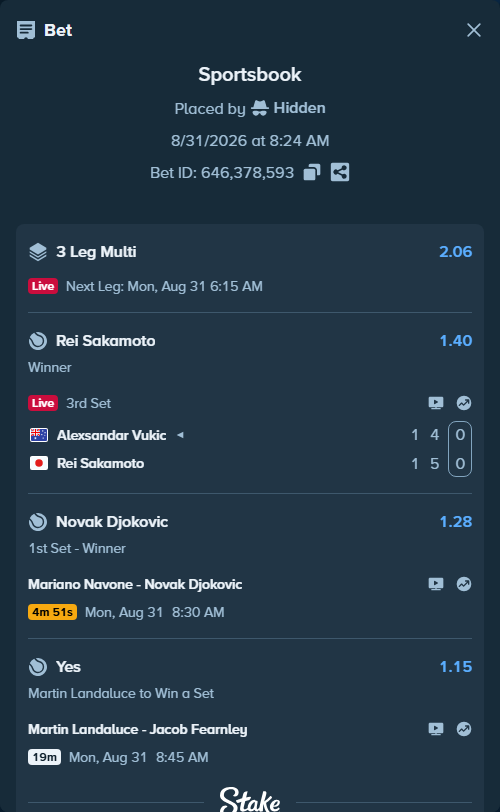 Bet slip: Alexsandar Vukic - Rei Sakamoto, $11,479.19 stake at 1.40 odds, placed by Hidden