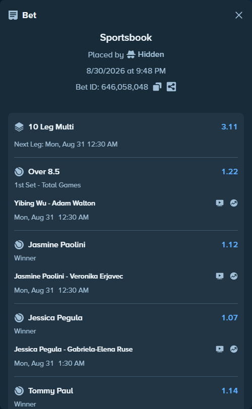Bet slip: Alexsandar Vukic - Rei Sakamoto, $75,000.00 stake at 1.16 odds, placed by Hidden