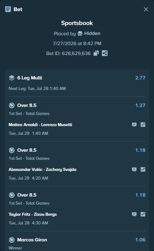 Bet slip: Alexsandar Vukic - Zachary Svajda, $75,075.00 stake at 1.18 odds, placed by Hidden