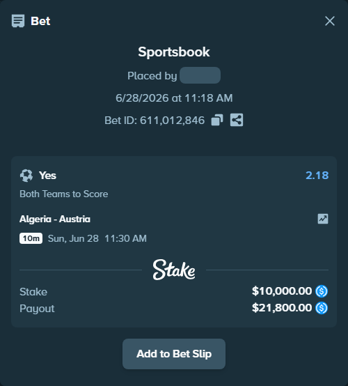 Bet slip: Algeria - Austria, $10,000.00 stake at 2.18 odds, placed by reggieewellq