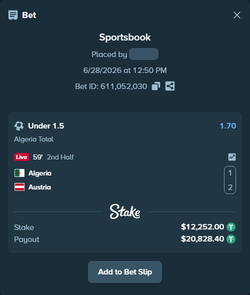 Bet slip: Algeria - Austria, $12,264.25 stake at 1.70 odds, placed by Salinactg321