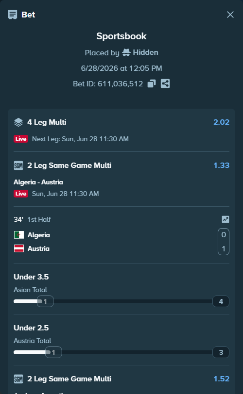 Bet slip: Algeria - Austria, $16,454.00 stake at 1.25 odds, placed by Hidden