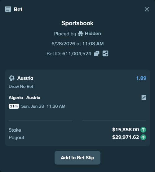 Bet slip: Algeria - Austria, $15,873.86 stake at 1.89 odds, placed by Salinactg321
