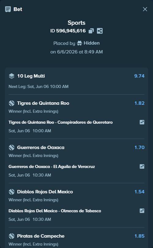 Bet slip: Algodoneros de Union Laguna - Caliente de Durango, $10,000.00 stake at 1.97 odds, placed by Hidden