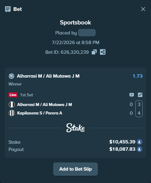 Bet slip: Alharrasi M / Ali Mutawa J M - Kapilasena S / Perera A, $10,224.00 stake at 1.73 odds, placed by caraballojosh