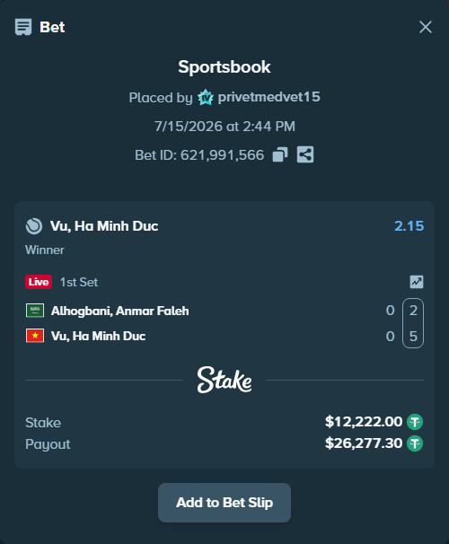 Bet slip: Alhogbani, Anmar Faleh - Vu, Ha Minh Duc, $12,234.22 stake at 2.15 odds, placed by privetmedvet15