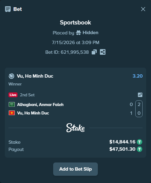 Bet slip: Alhogbani, Anmar Faleh - Vu, Ha Minh Duc, $14,859.00 stake at 3.20 odds, placed by Hidden