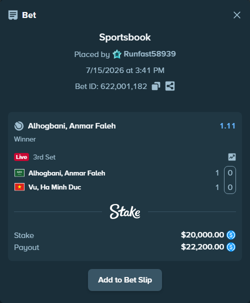 Bet slip: Alhogbani, Anmar Faleh - Vu, Ha Minh Duc, $20,000.00 stake at 1.11 odds, placed by Runfast58939