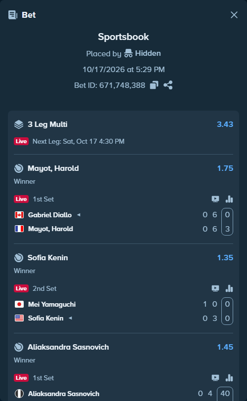 Bet slip: Aliaksandra Sasnovich - Anna Bondar, $17,791.00 stake at 1.45 odds, placed by Hidden