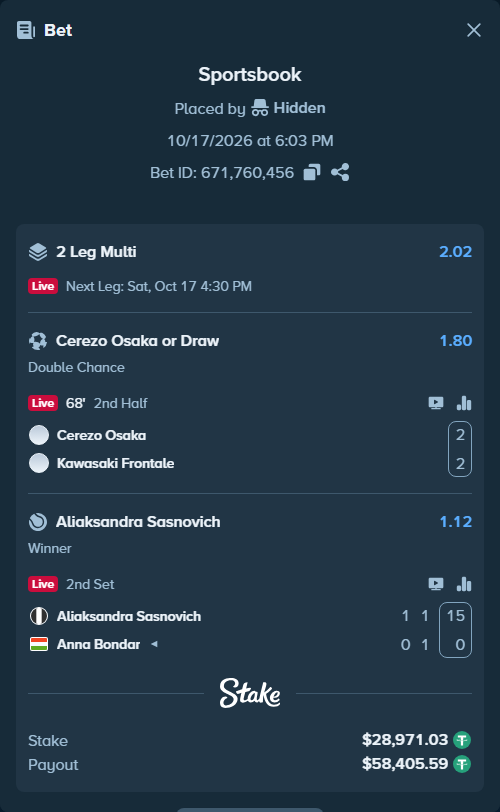 Bet slip: Aliaksandra Sasnovich - Anna Bondar, $29,000.00 stake at 1.12 odds, placed by Hidden